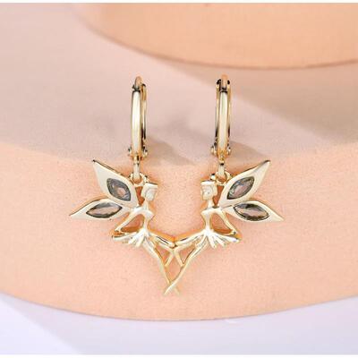 铜合金锆石耳饰 金色橄榄绿钻马眼仙女翅膀耳环2359