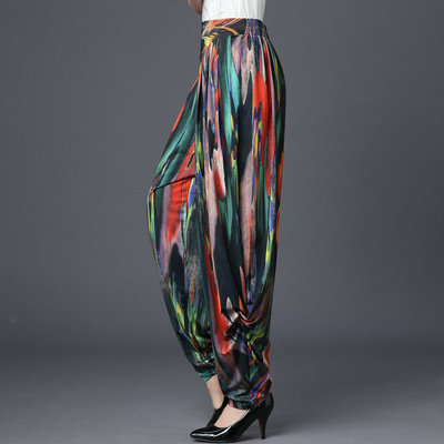 袖影宽松松紧腰印花长裤萝卜裤