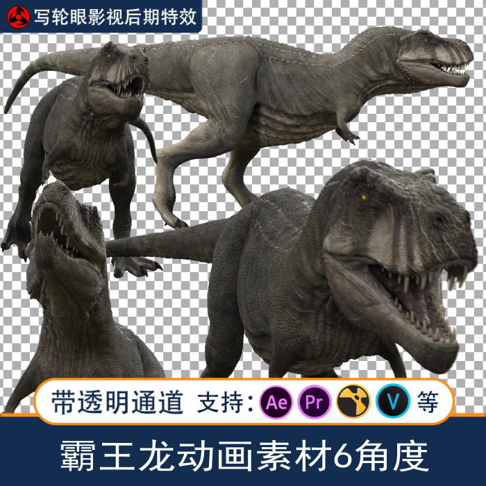 侏罗纪恐龙ae/pr影视特效霸王龙cg三维动画视频素材带透明通道