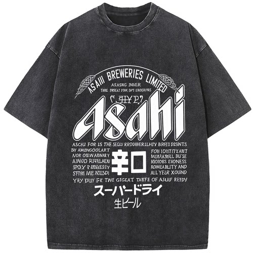 987朝日啤酒Asahi日系复古线稿印花短袖T恤男女潮牌宽松休闲情侣