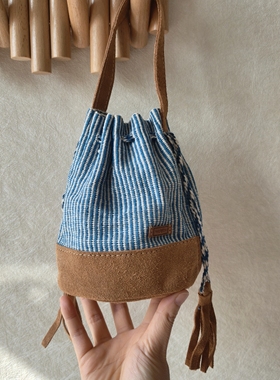 尼泊尔WSDO纯棉手织布拼接反绒牛皮手提束口袋 可爱小拎包