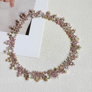 天然碧玺水晶梭编choker颈链颈带短项链手工蕾丝彩色宝石锁骨链