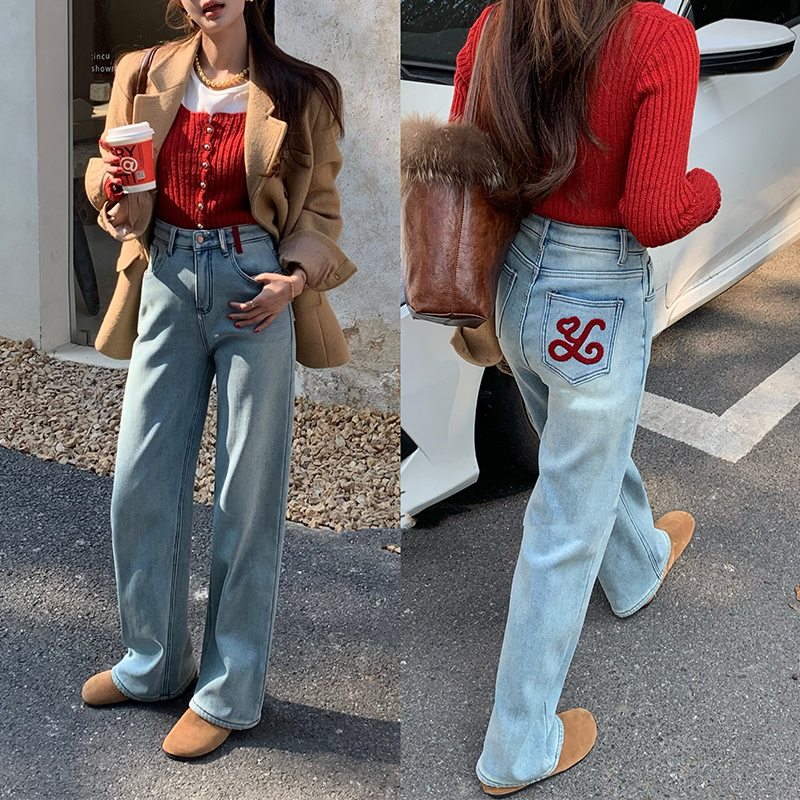 Lansemeili88101加绒浅蓝牛仔裤女高腰宽松直筒遮胯冬季新款阔腿