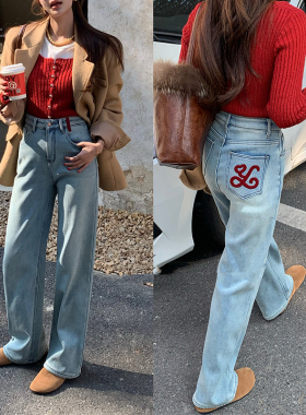 Lansemeili88101加绒浅蓝牛仔裤女高腰宽松直筒遮胯冬季新款阔腿