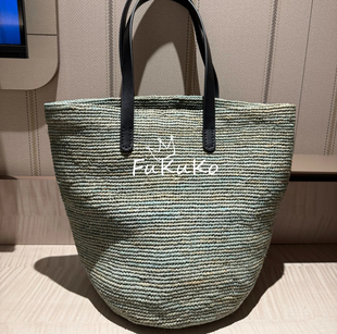 Fukuko26新款薄荷绿拉菲草手工编织单肩托特包女士百搭气质ins风