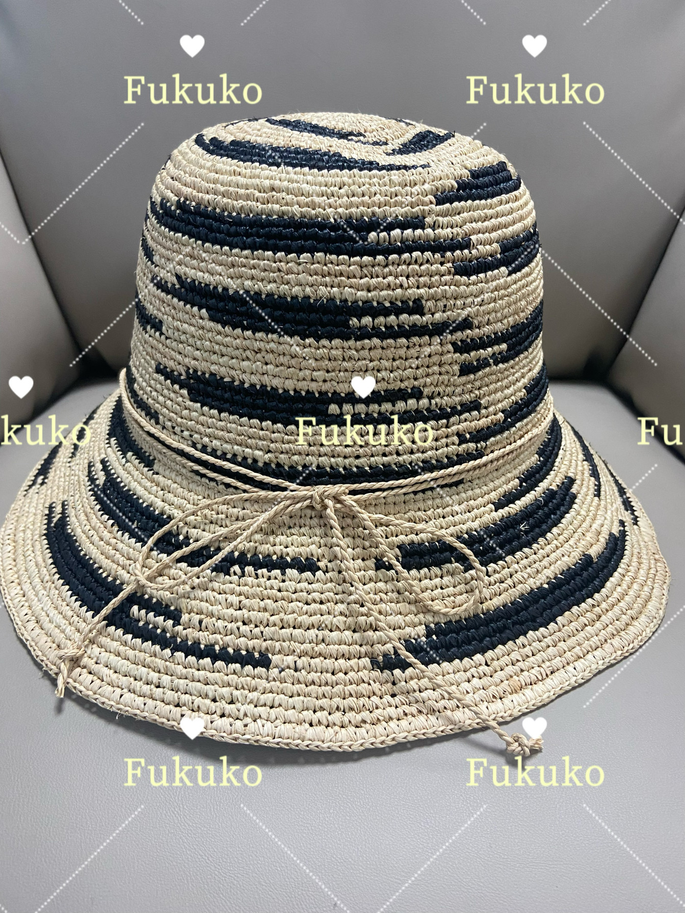 Fukuko新款黑色迷彩拉菲草蝴蝶结圆顶帽女士休闲遮阳帽度假手工