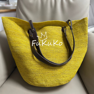 油菜花黄 Fukuko新款 拉菲草大托特包女士单肩搭配沙滩度假手工