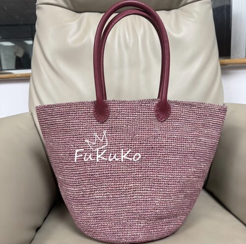 Fukuko新款粉紫色拉菲草设计感托特包女士手提包度假编织原创款式