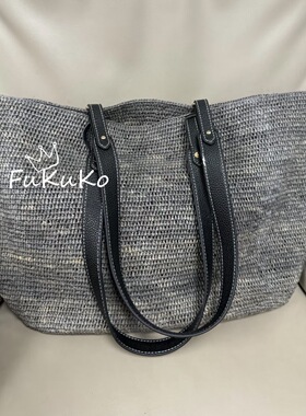 Fukuko新款格雷灰色拉菲草中号手工编织托特包女士休闲度假沙滩包