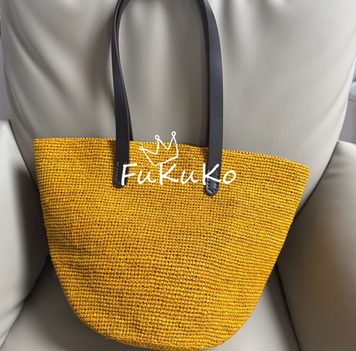 Fukuko新款银杏黄拉菲草小托特包女士单肩包手提包搭配休闲度假