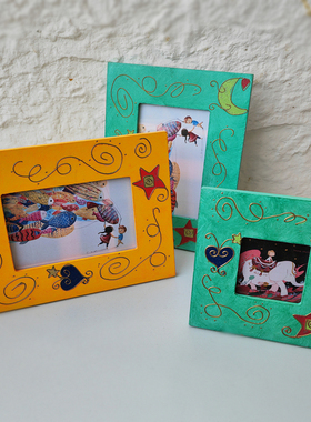 木制手工童趣相架6寸工艺品相框创意绿色橙色梦幻3寸桌面彩色摆台