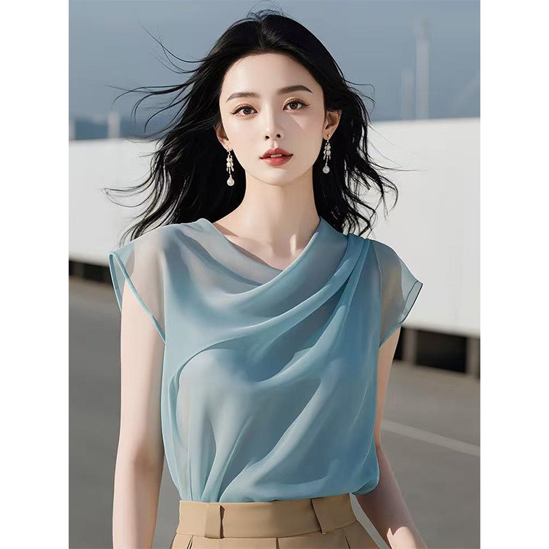 Amiga漂亮蓝色短袖衬衫女装夏季轻熟法式小众独特别致雪纺上衣