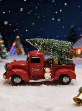 亚马逊跨境复古红色或蓝色卡车装饰摆件圣诞装饰礼物制作的金属车