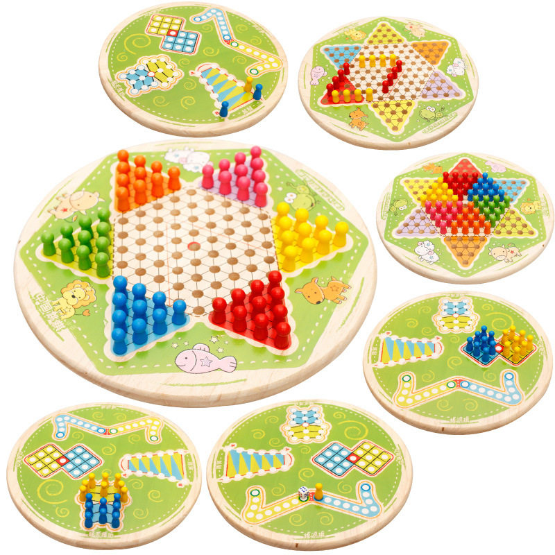 木制玩具七合一跳棋飞行棋拔河棋越狱无间道儿童桌面游戏益智玩具