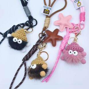 设计感miu系手作皮质挂件小煤球水貂毛球挂绳包挂手机链钥匙扣