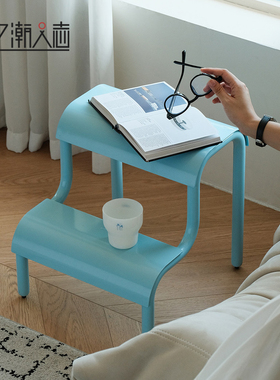 蓝色创意双层阶梯凳多功能边几换鞋凳家用登高梯子金属形置物架子