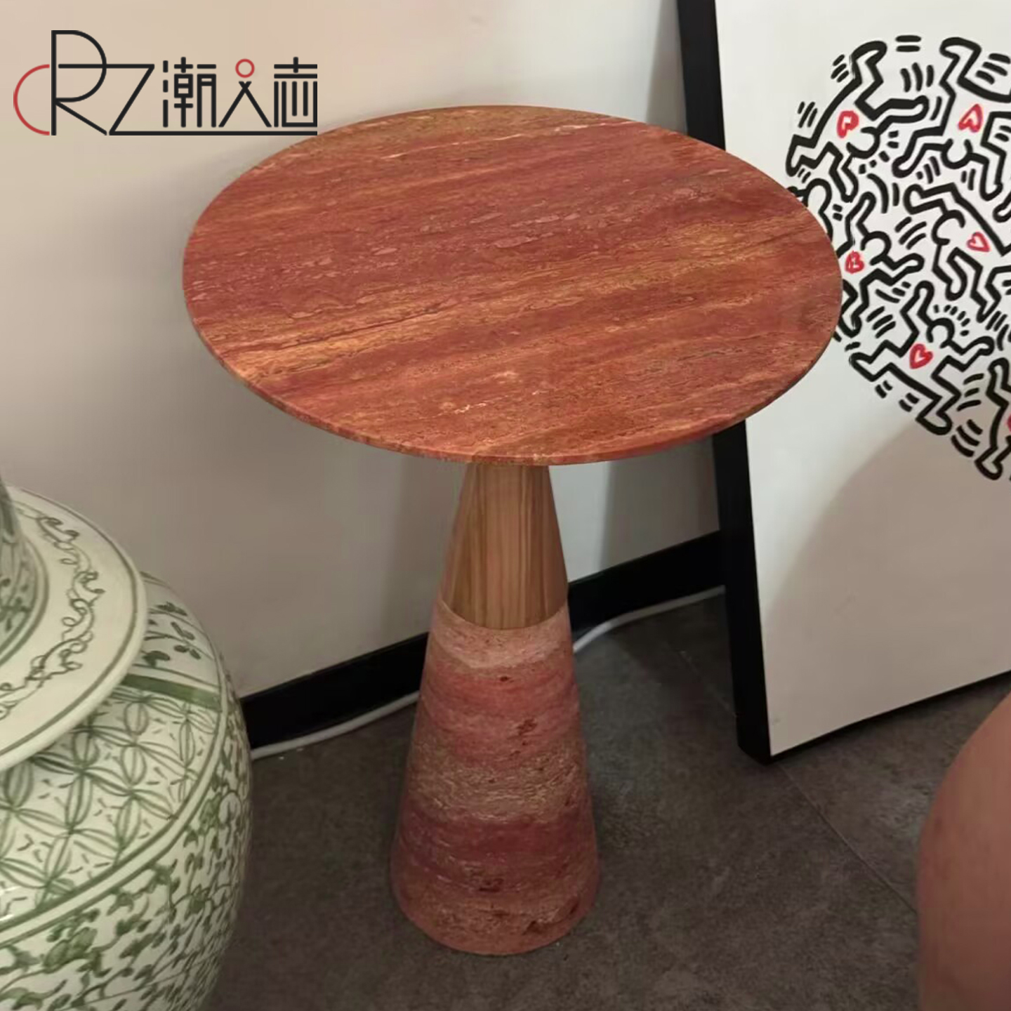 北欧轻奢大理石茶几现代简约客厅家用沙发边几奶油设计师洞石圆几