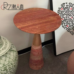 北欧轻奢大理石茶几现代简约客厅家用沙发边几奶油设计师洞石圆几