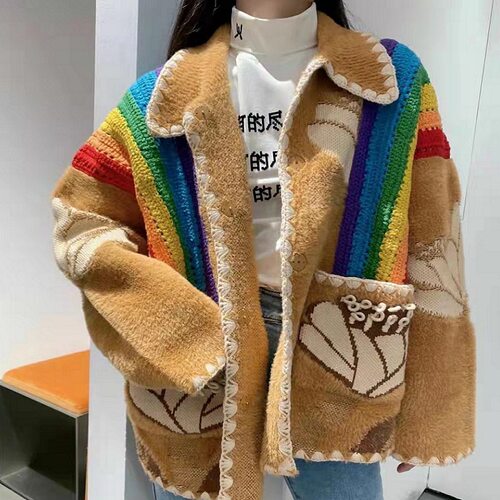 亲妈翻领针织开衫外套彩虹
