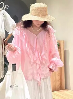 柏拉图BOLATU 法式设计感V领纯色衬衫女宽松大码苎麻长袖气质上衣