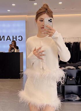 DH2025秋冬新款设计感羽毛拼接长袖针织衫时尚洋气短款小香风毛衣