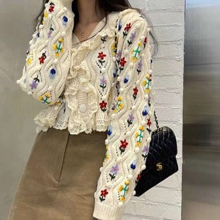 v领软糯纯手工绣花小花花可爱蕾丝小毛衣 2025年新款 重工款 秋季