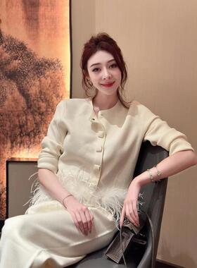 DH秋装新款韩版小众设计羽毛拼接单排扣小香风百搭针织开衫外套