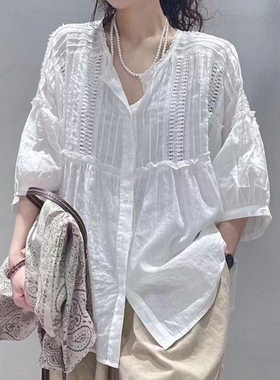 BOLATU柏拉图2025夏棉麻宽松苎麻衬衫女设计感娃娃衫上衣女21160