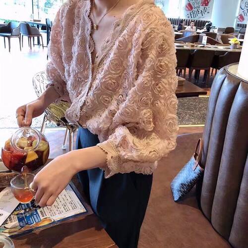 超仙粉色花朵新款春装蕾丝小衫