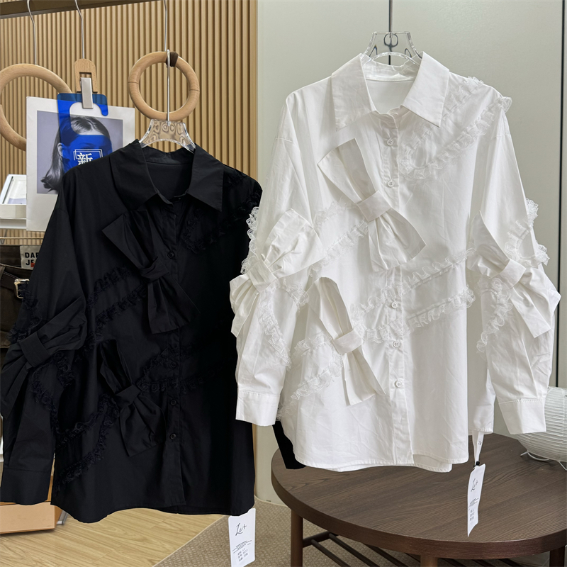 深圳南油高货宽松慵懒风重工刺绣网纱蕾丝拼接假两件衬衫BF风女