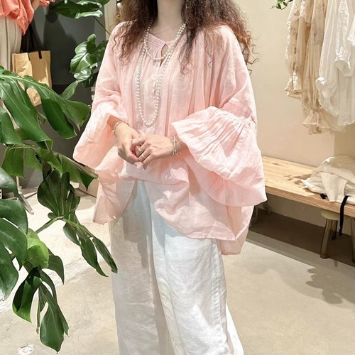 柏拉图BOLATU 夏季韩版宽松苎麻显瘦减龄娃娃衫泡泡袖上衣女23601