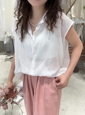 柏拉图BOLATU新款设计感小飞袖翻领衬衫单排扣棉麻衬衣女23098