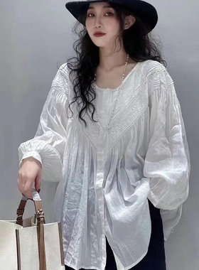 BOLATU柏拉图单排扣宽松长袖减龄甜美麻料拼接V领花边衬衣21219