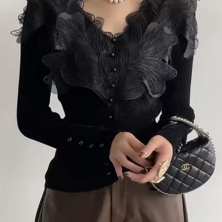 欧洲站2025秋女装V领蕾丝花长袖上衣单排包扣羊毛打底衫针织衫