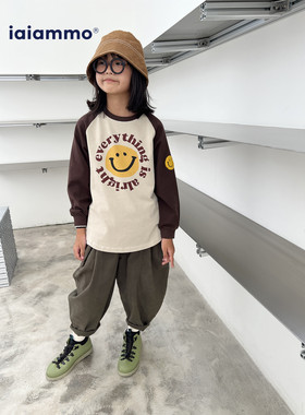 iaiammo2025新款男女中大童原创设计笑脸咖啡拼接长袖 儿童装 T恤