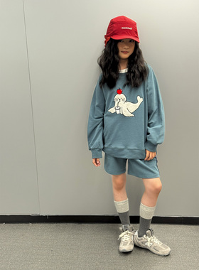 iaiammo丨原创设计25海豹刺绣韩版男女中大 童装卫衣运动短裤套装
