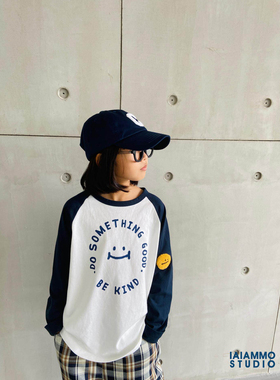 iaiammo原创设计春新洋气笑脸拼接插肩袖纯棉长袖男女中大童装T恤