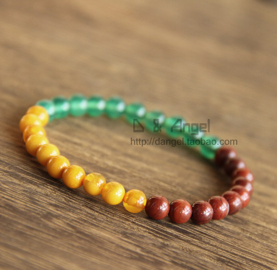 多宝手链天然四叶幸运石天然红竹石天然蜜蜡石6mm女款