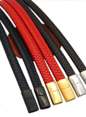 钛钢大扁扣黑皮手绳男士皮绳手链