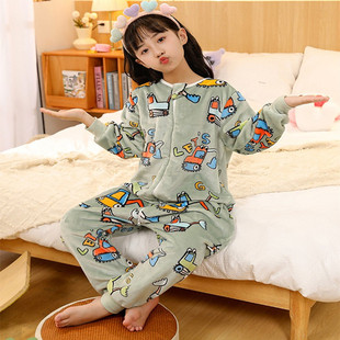 儿童连体睡衣春秋夏薄季法兰绒珊瑚绒中大童分腿睡袋防踢被家居服