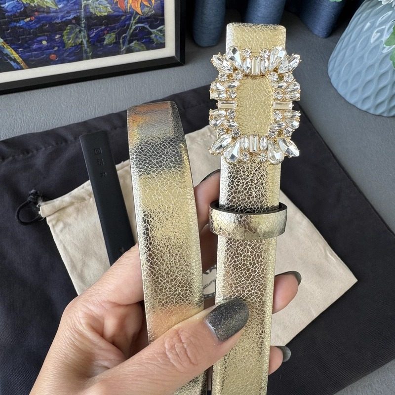 2.5cm优雅水钻手工玻璃扣二层牛皮腰带女双色两面用金色束腰带