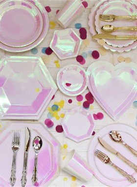 Pink Laser party plate一次性生日派对盘子镭射爱心纸盘碟野餐具