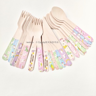 Cutlery 卡通独角兽一次性叉勺木质餐具Wooden Fork Spoon Knife