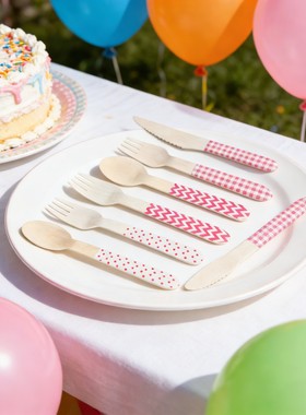 生日派对餐具一次性刀叉勺木质Wooden Fork Spoon Knife Cutlery