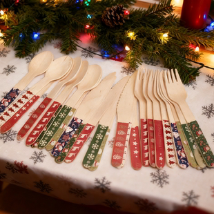 Knife Spoon Cutlery Fork 聖誕派对餐具一次性刀叉勺木质Wooden