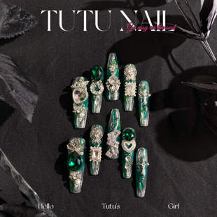 NAIL手工穿戴可拆美甲重工超长T尖祖母绿星座细狗 TUTU 巨蟹座