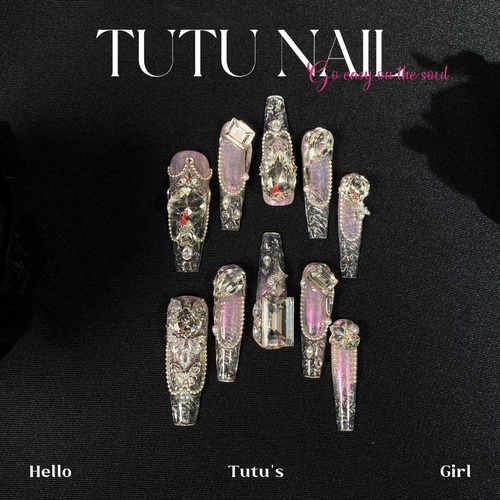 【冰花】TUTU NAIL手工穿戴甲美甲重工魔镜粉偏光琉璃冰透链条婚