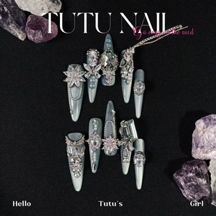 NAIL手工穿戴甲美甲显白蓝猫眼重工链条高级蝴蝶长 TUTU 冰海