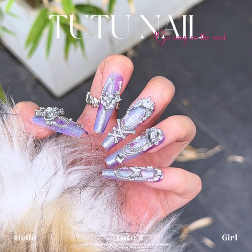 【紫萱】TUTU NAIL手工穿戴甲美甲重工紫蓝显白高级设计蝴蝶链条