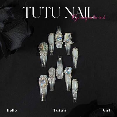 【月光神殿】TUTU NAIL手工穿戴婚甲美重工猫眼白银渐变蝴蝶链条